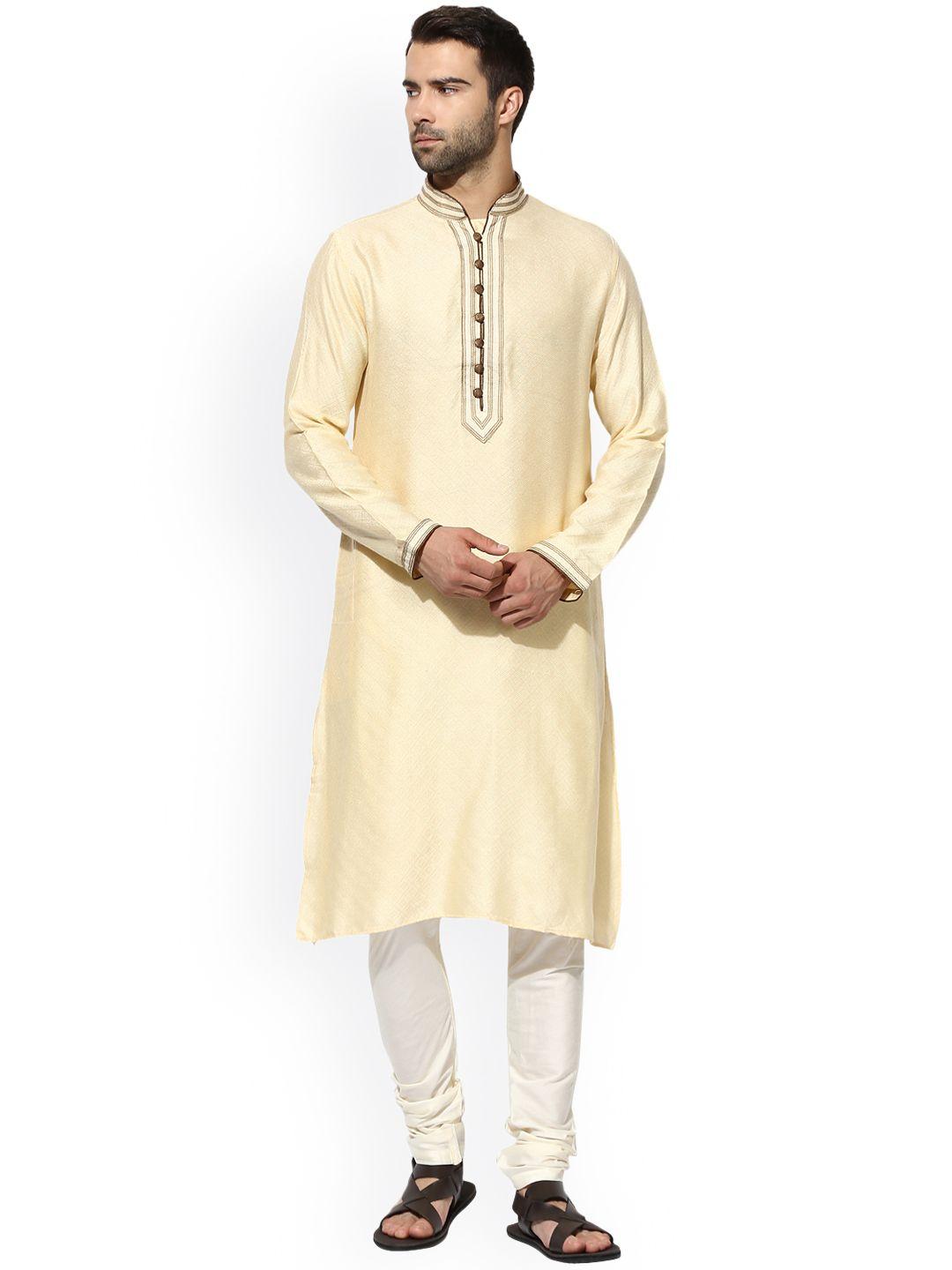 kisah men cream-coloured embroidered a-line kurta