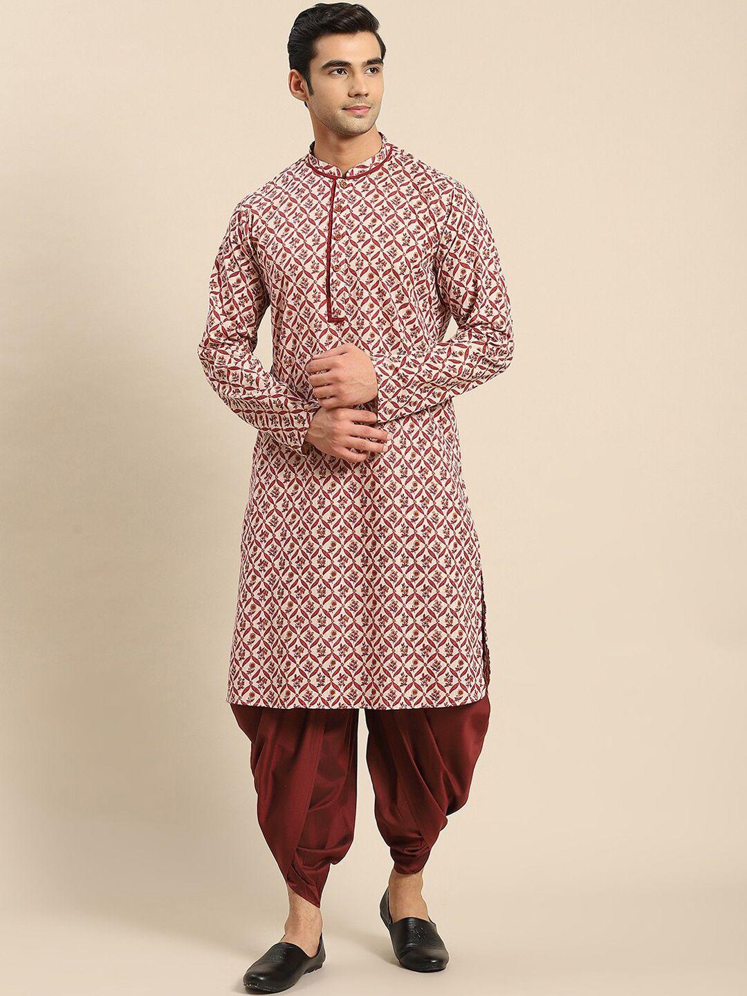 kisah men cream-coloured ethnic motifs printed cotton kurta