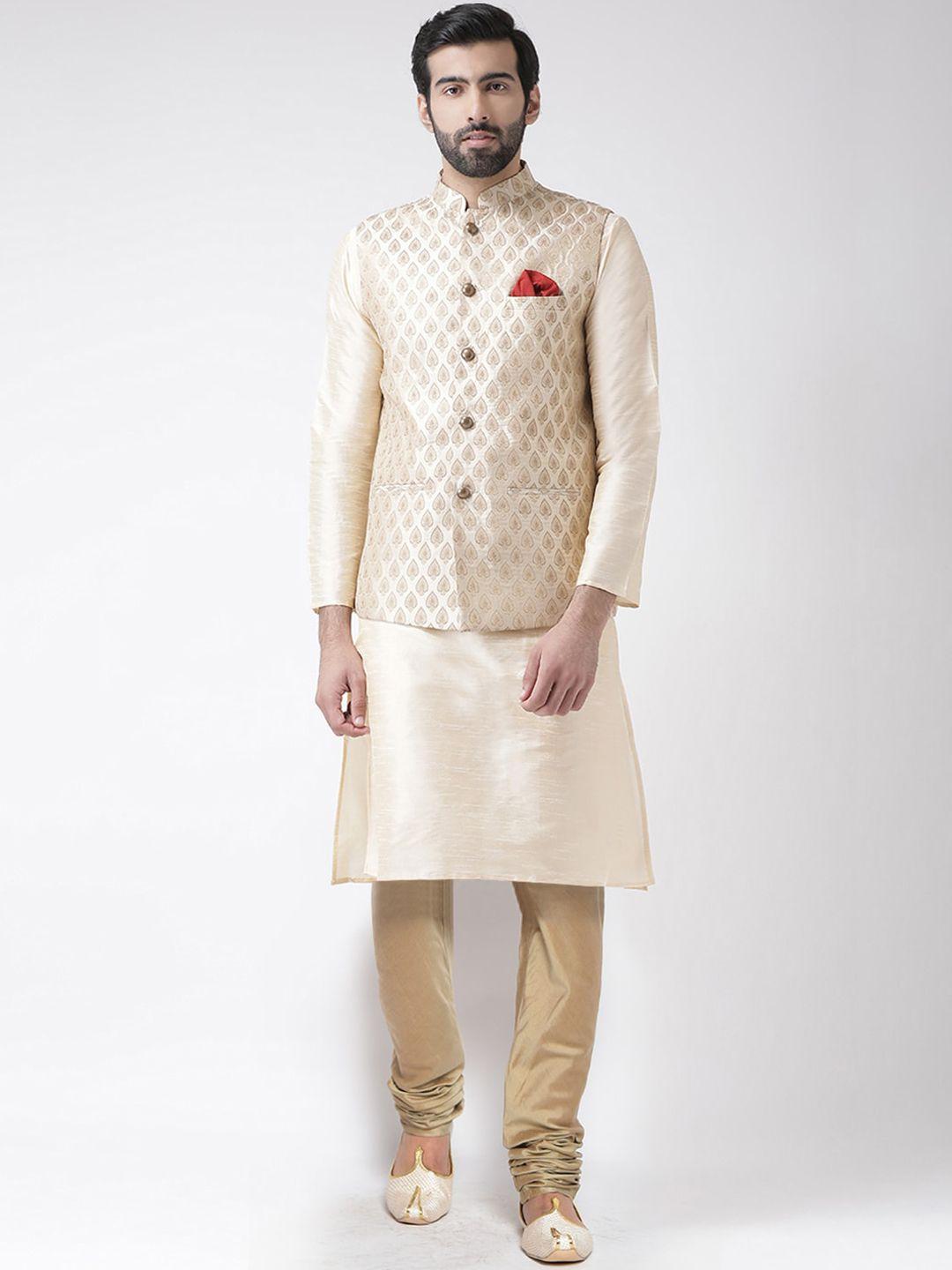 kisah men cream-coloured ethnic motifs printed kurta with churidar & with nehru jacket