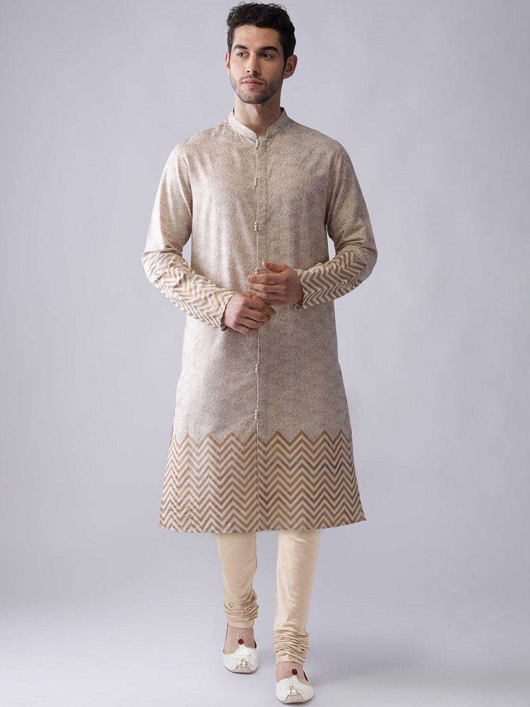 kisah men cream-coloured ethnic motifs printed kurta with churidar