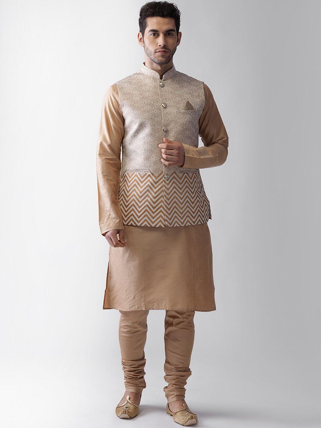 kisah men cream-coloured kurta with churidar & nehru jacket