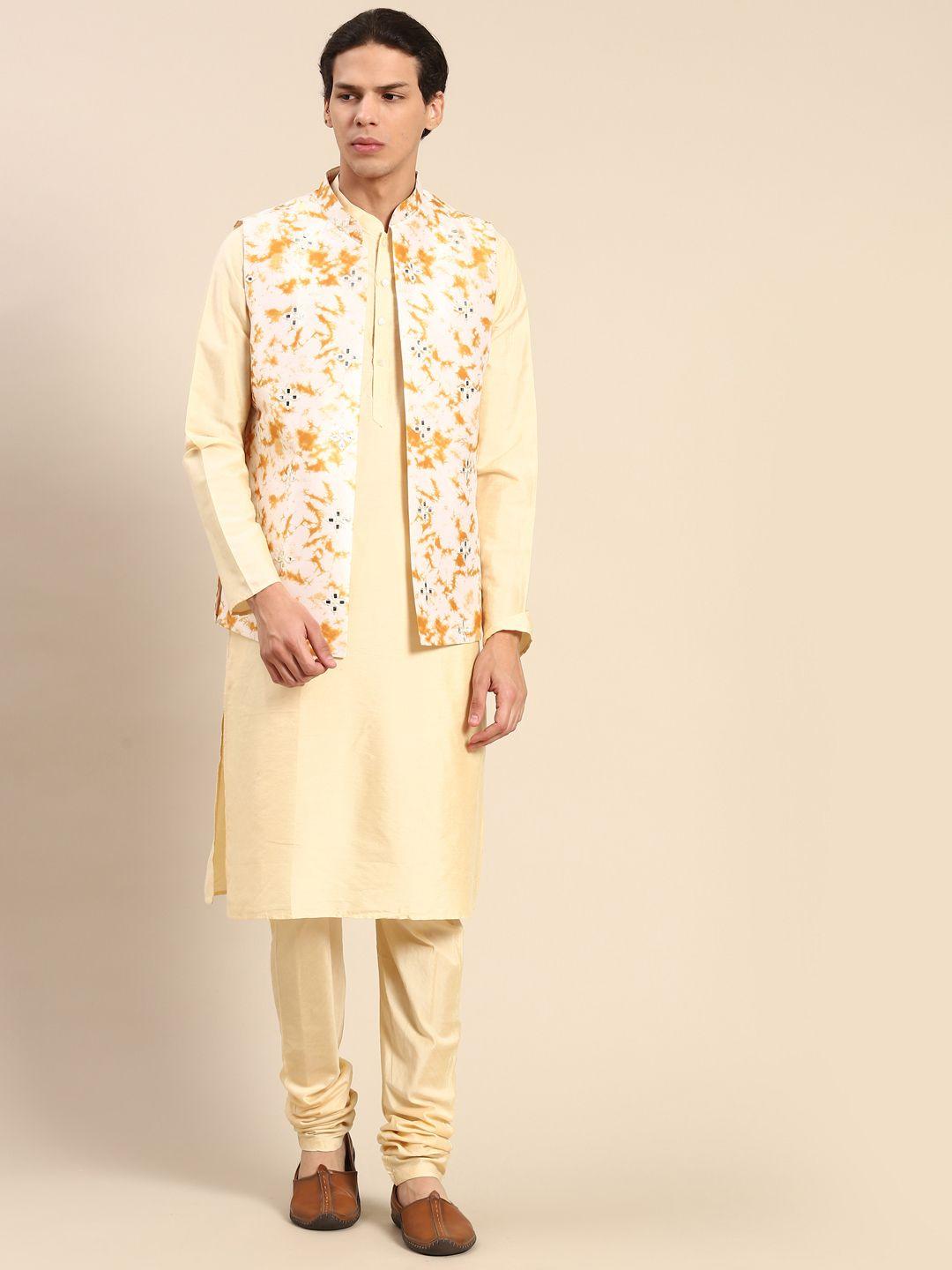 kisah men cream-coloured mirror work kurta with churidar & nehru jacket