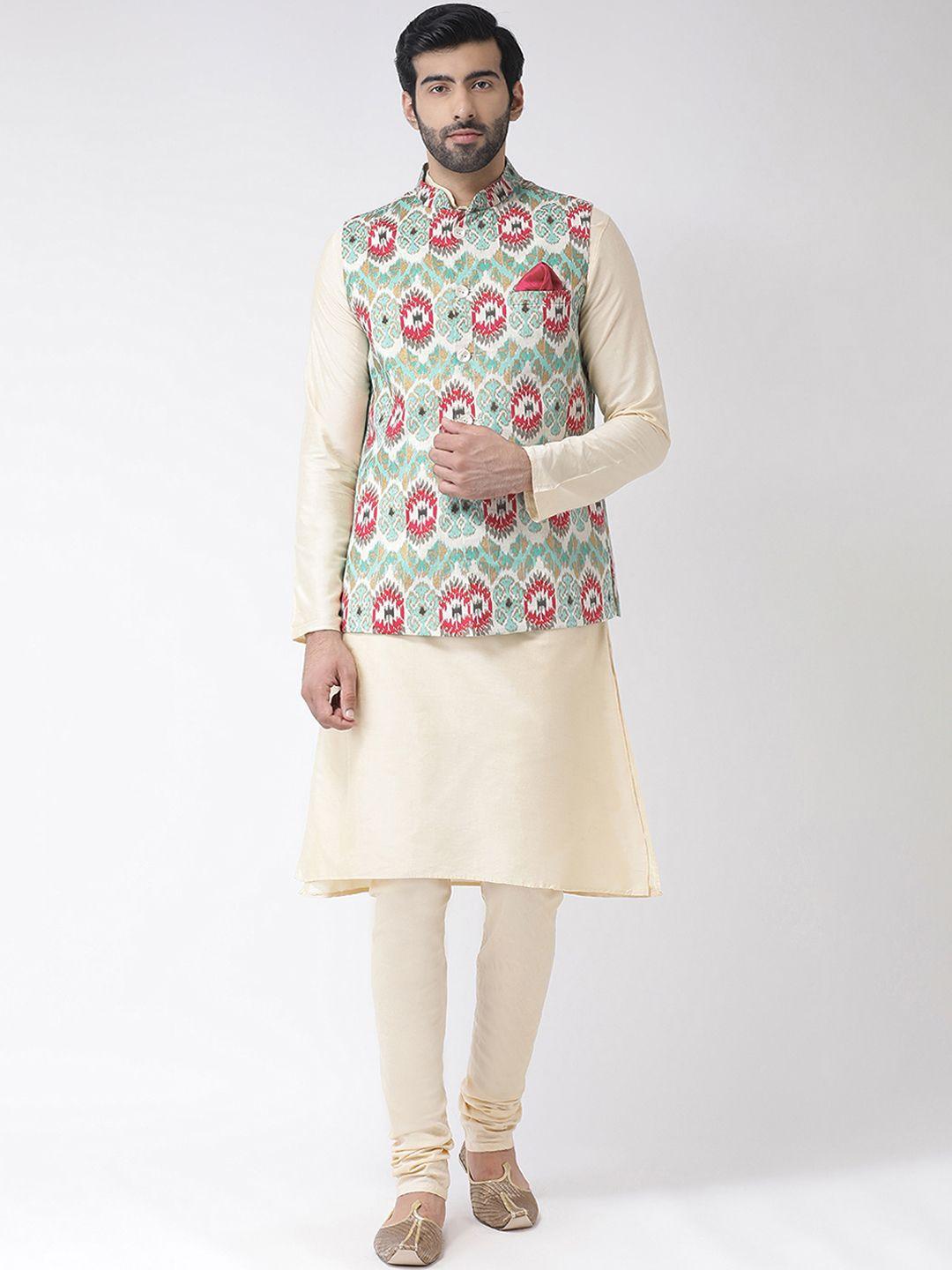 kisah men cream-coloured printed kurta set