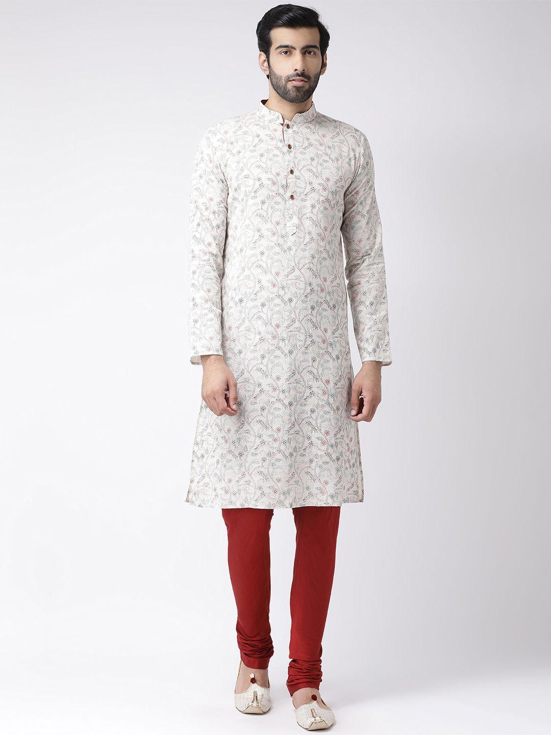 kisah men cream-coloured printed straight kurta