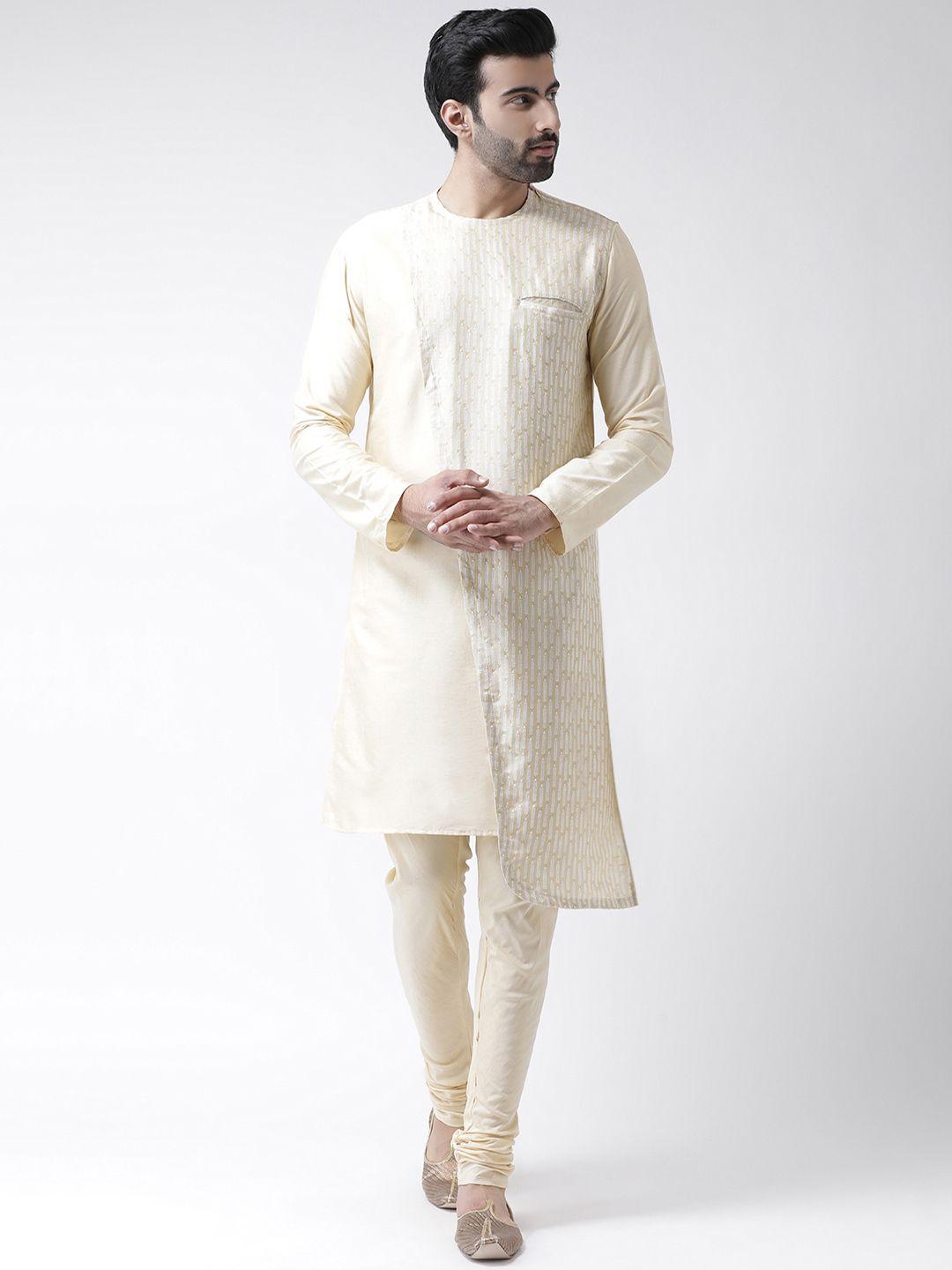 kisah men cream-coloured self design kurta with churidar