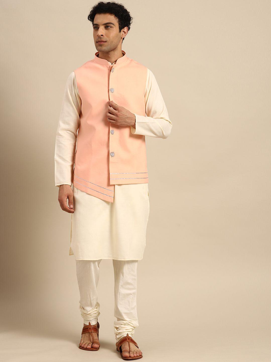kisah men cream-coloured solid pure cotton kurta with churidar