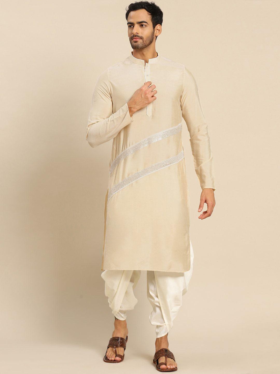 kisah men cream-coloured striped layered kurta with dhoti pants