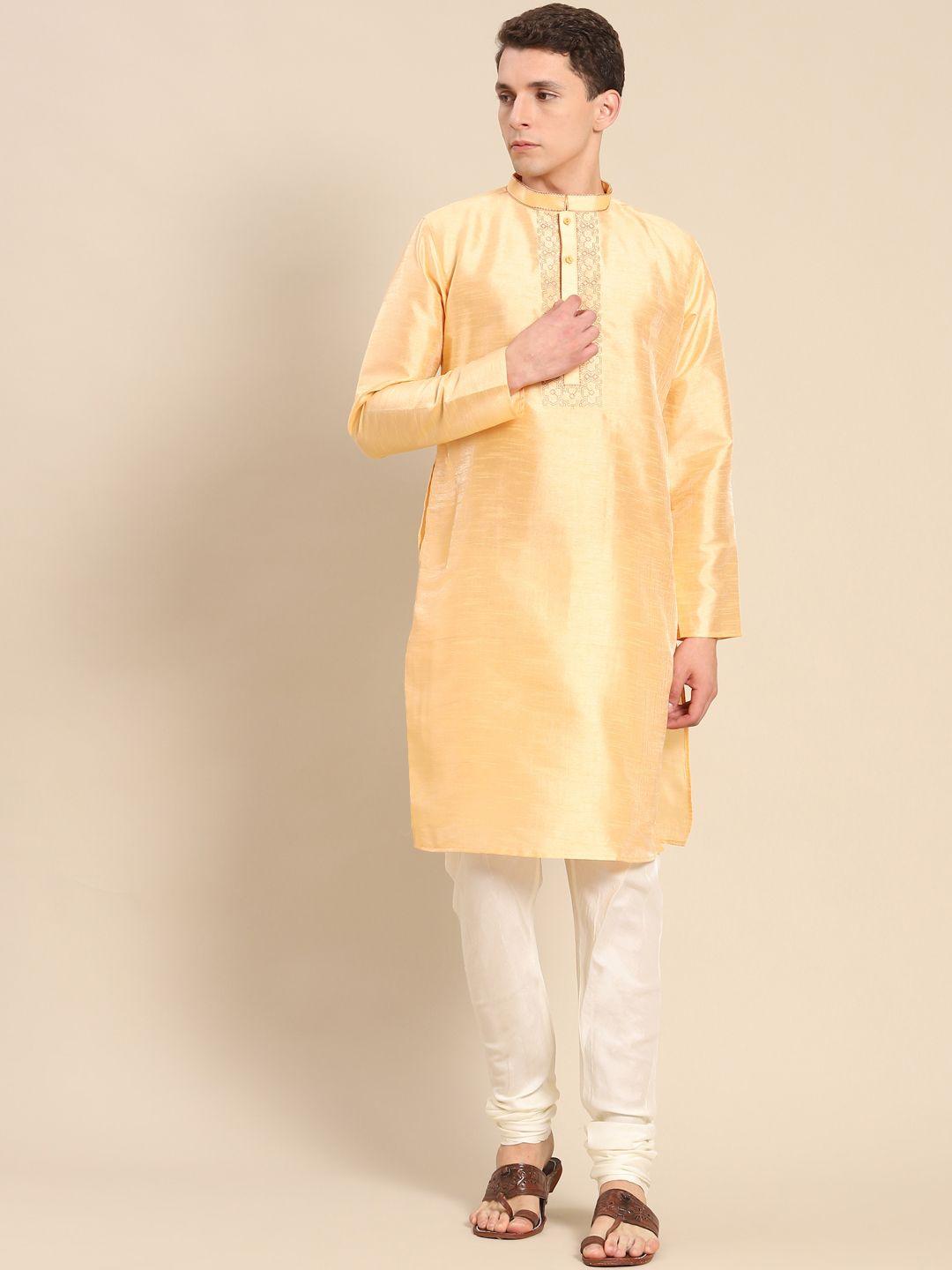 kisah men cream-coloured yoke design kurta with trousers