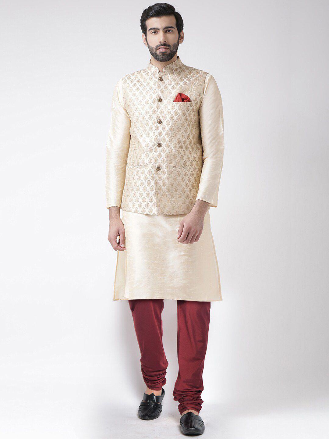 kisah men cream solid straight kurta with churidar & printed nehru jacket