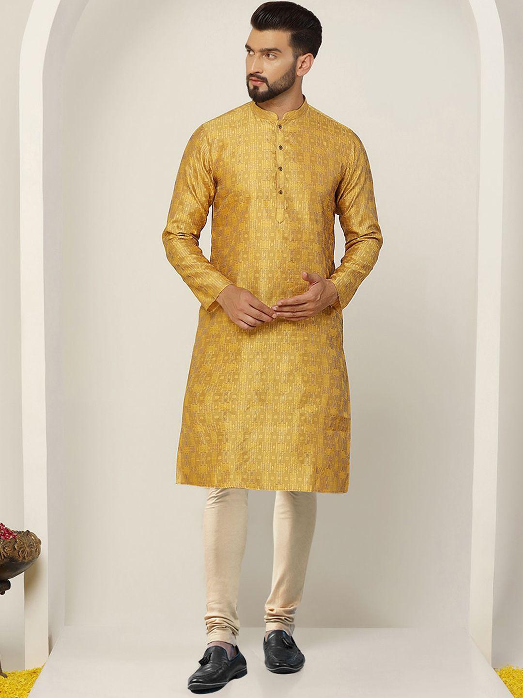 kisah men floral woven design mandarin collar kurta with churidar