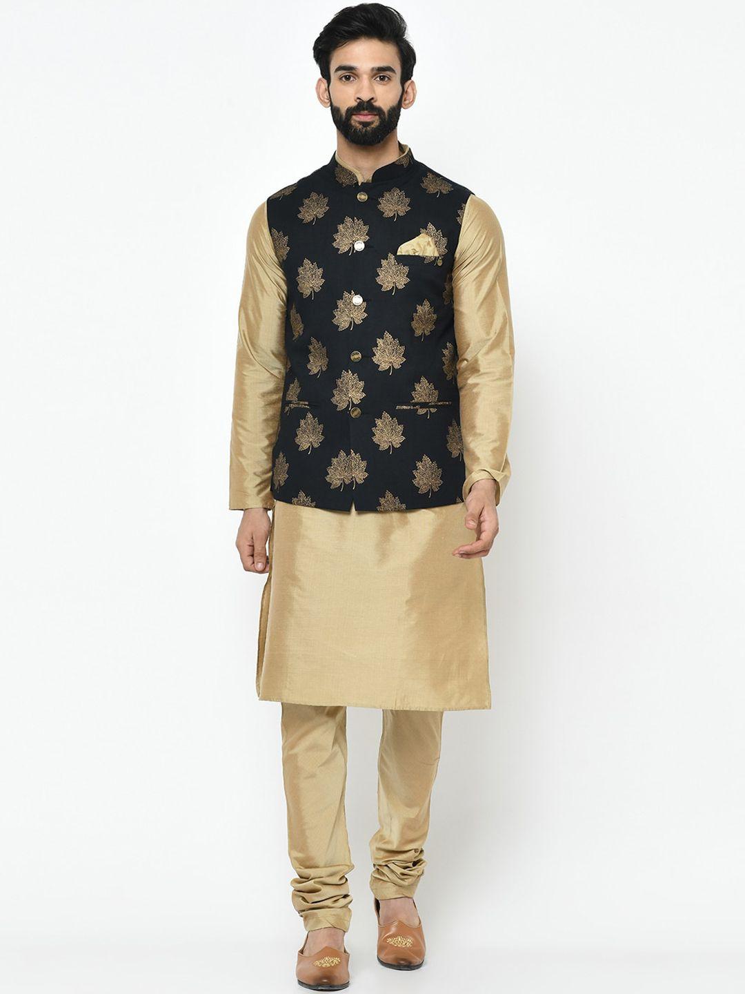 kisah men gold-toned & beige solid kurta with churidar & nehru jacket