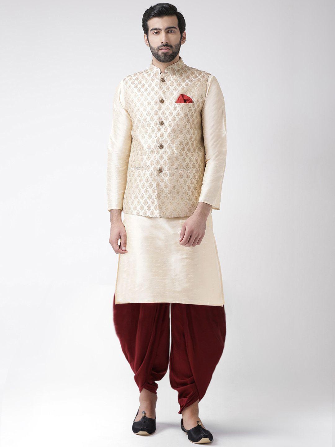 kisah men gold-toned & maroon layered kurta with dhoti pants & jacket