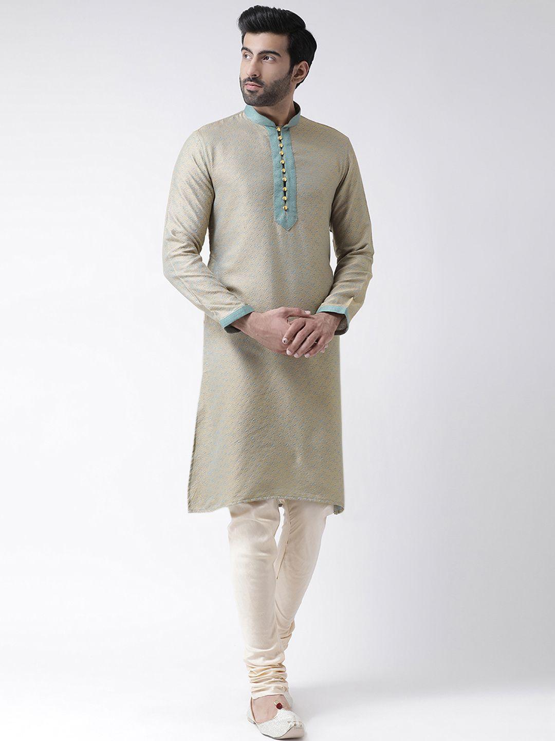 kisah men green & beige jaquard embroidered kurta with churidar