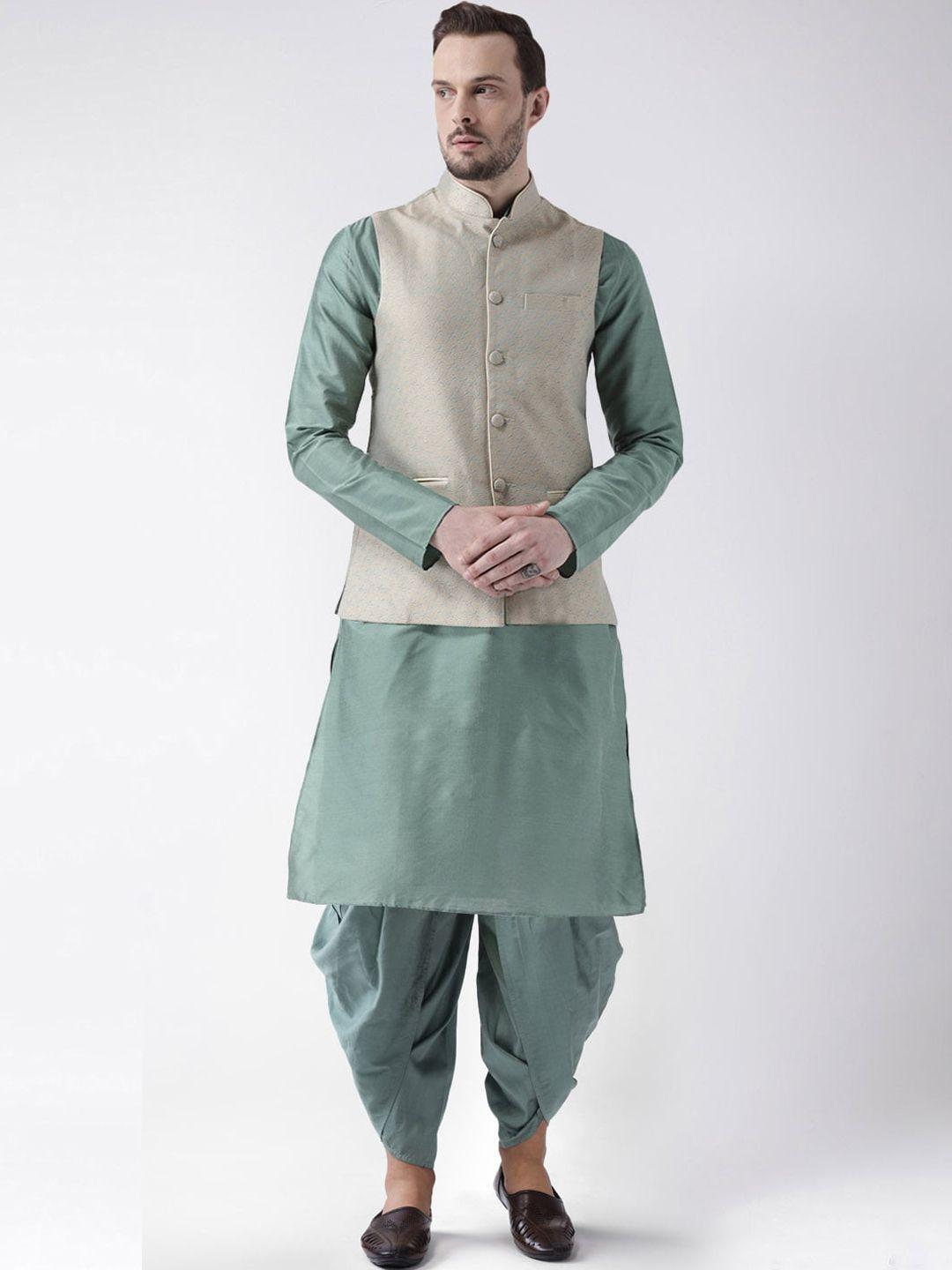 kisah men green & beige kurta with patiala & with jacket