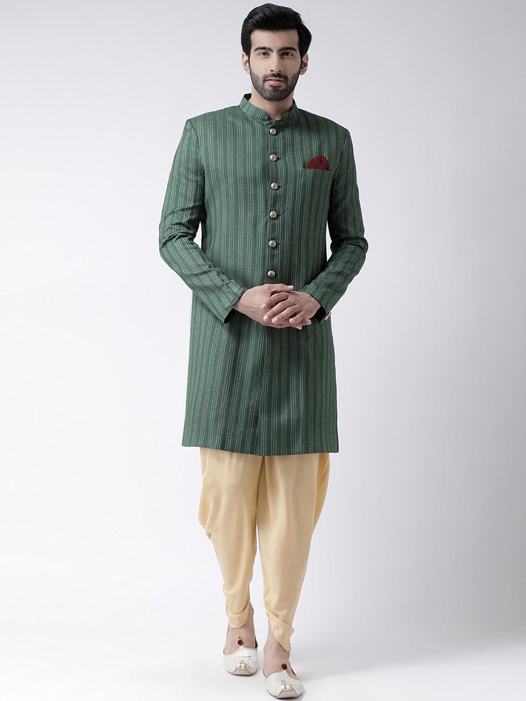 kisah men green & beige striped silk sherwani with dhoti pants