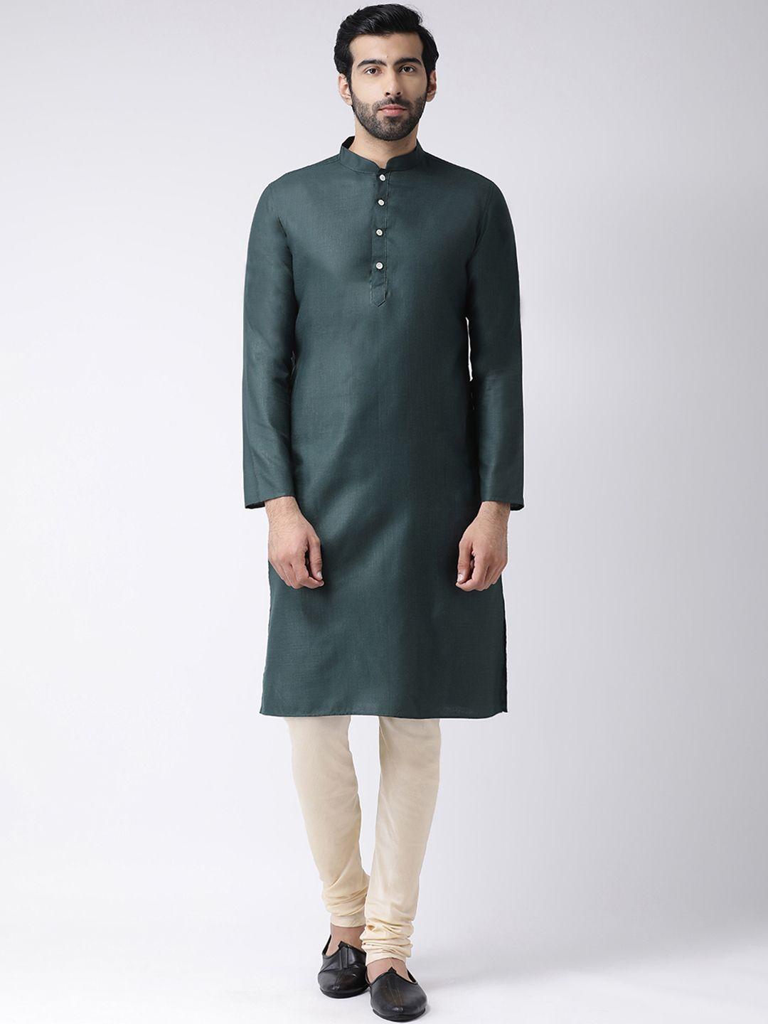 kisah men green & cream-coloured solid kurta with churidar