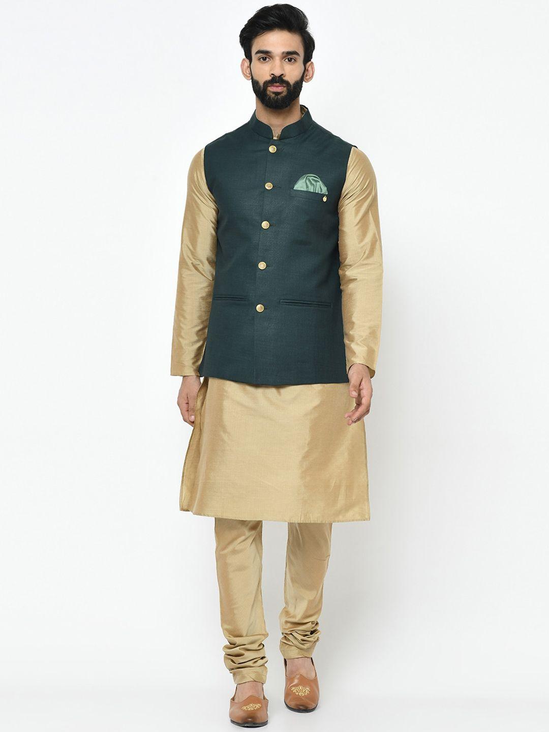 kisah men green & gold-coloured solid kurta with churidar & nehru jacket