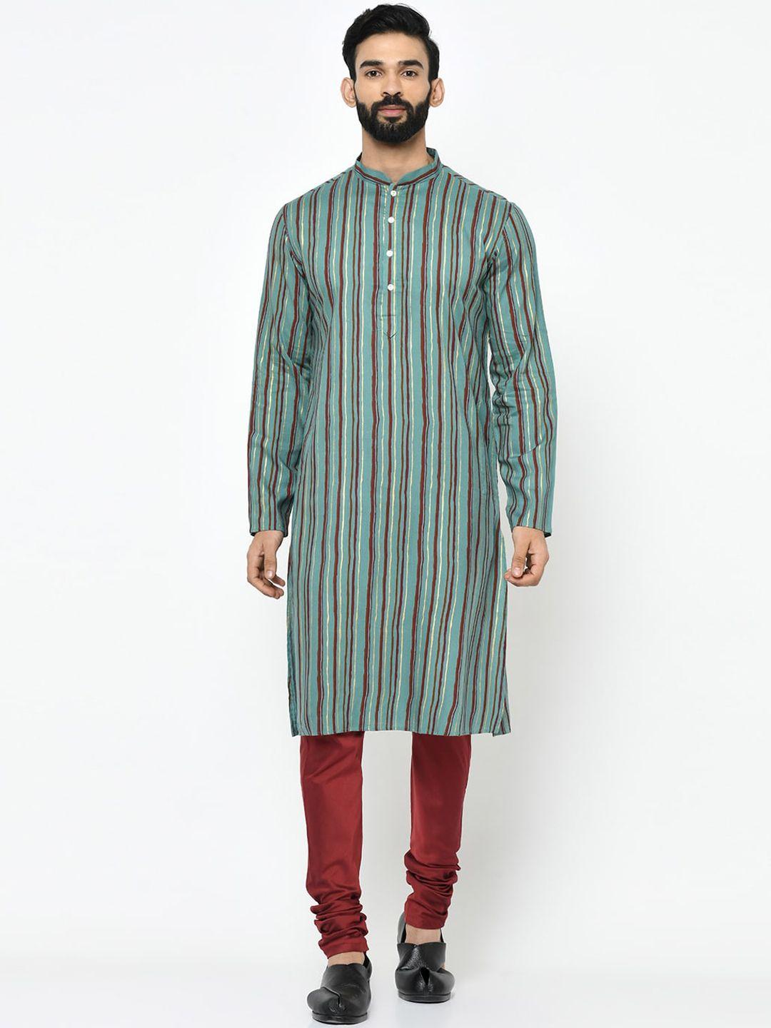 kisah men green & maroon striped straight kurta