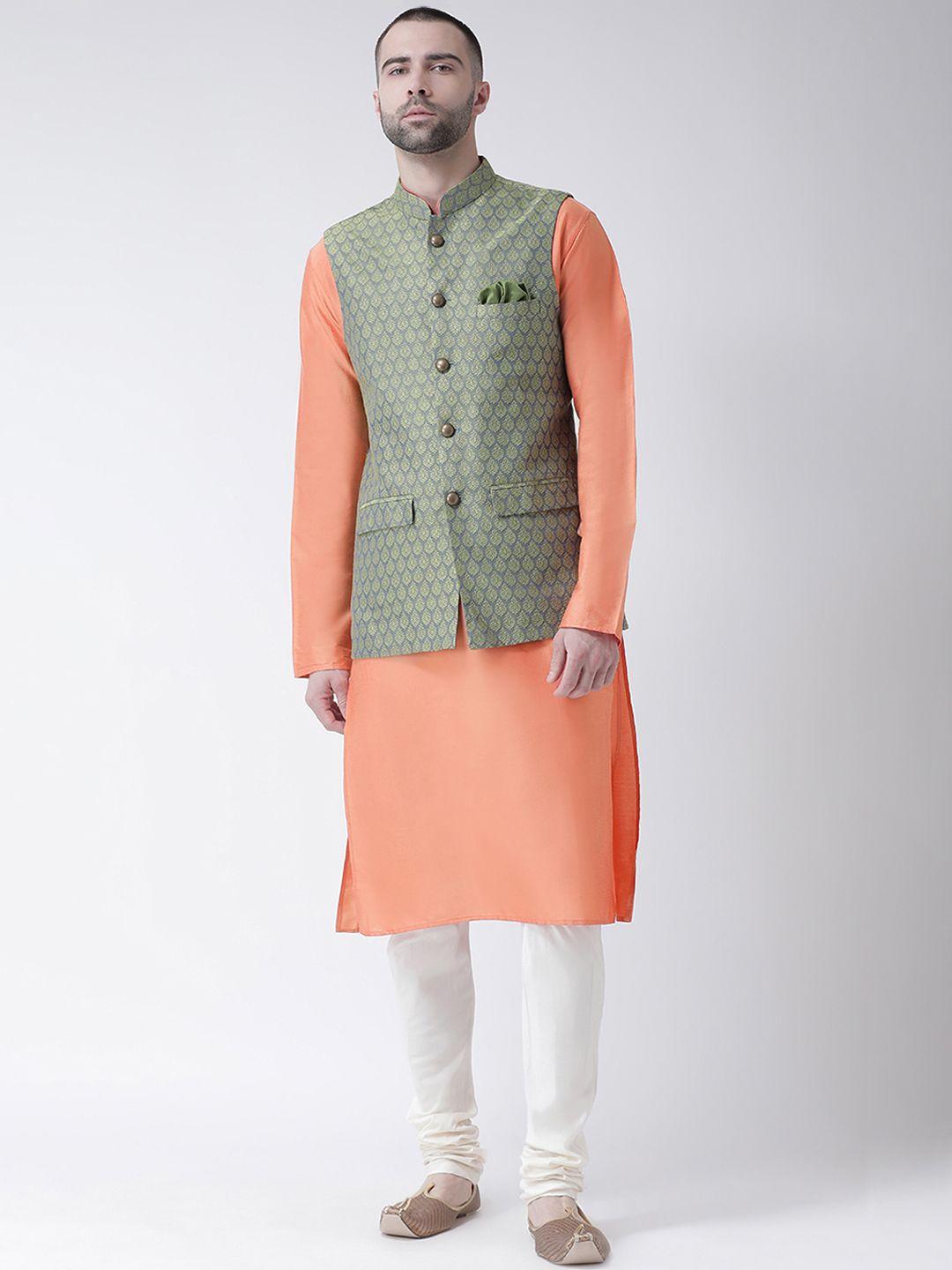 kisah men green & orange printed kurta with churidar & nehru jacket