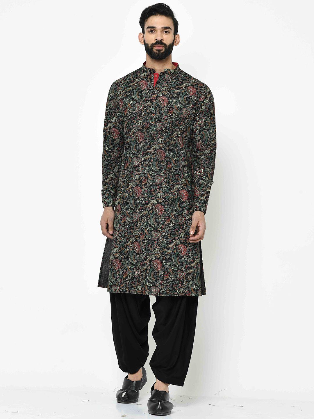 kisah men green & red floral printed flared sleeves kurta