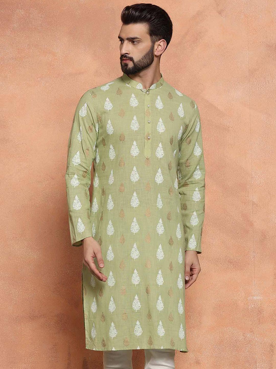 kisah men green & white ethnic motifs kurta