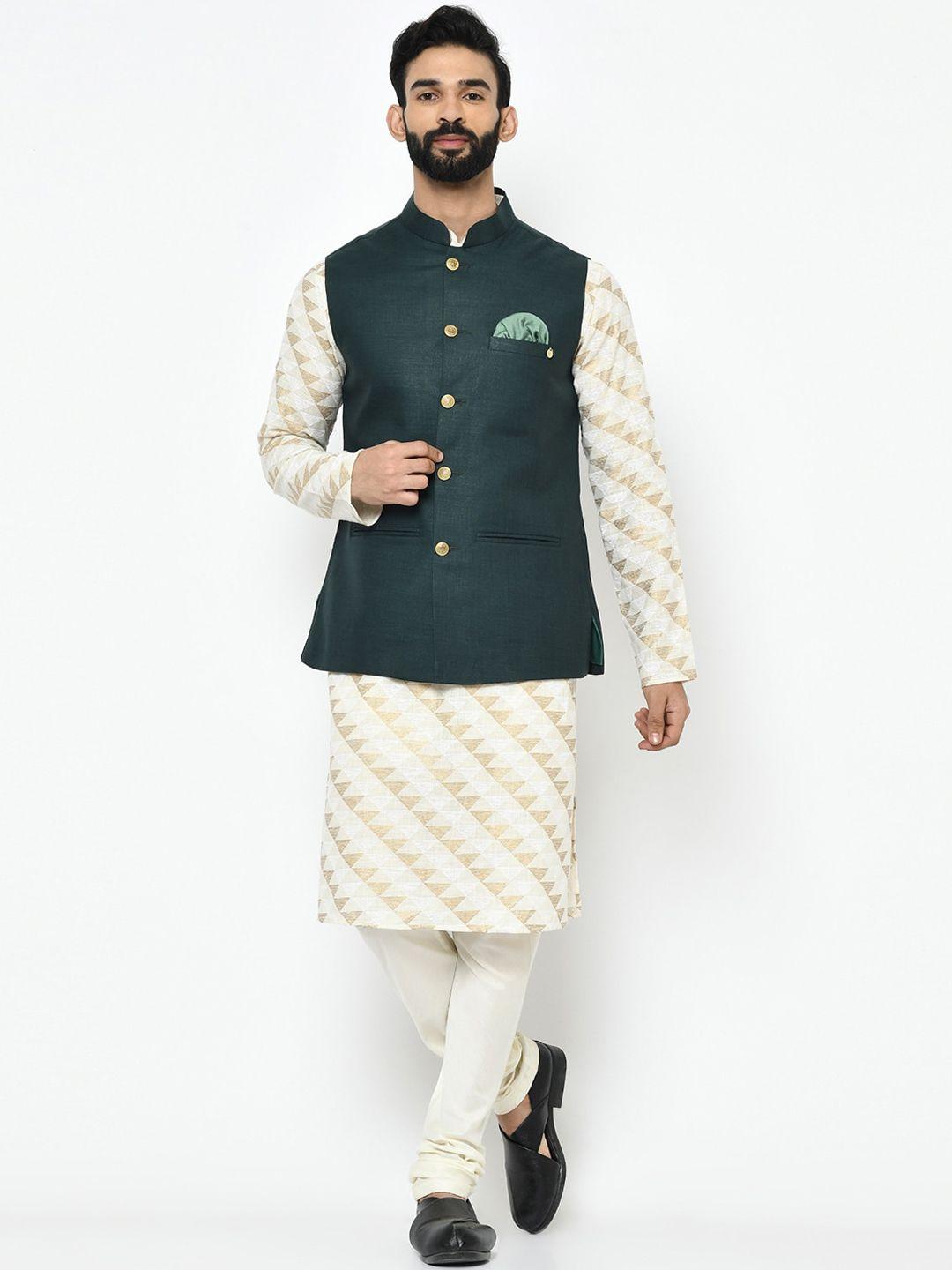kisah men green & white printed kurta with churidar & nehru jacket