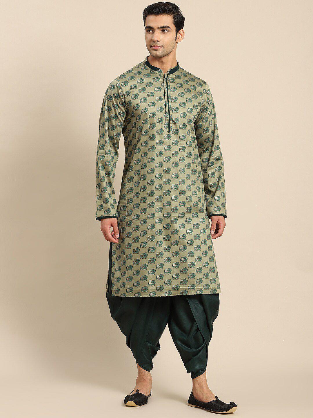 kisah men green animal printed cotton kurta