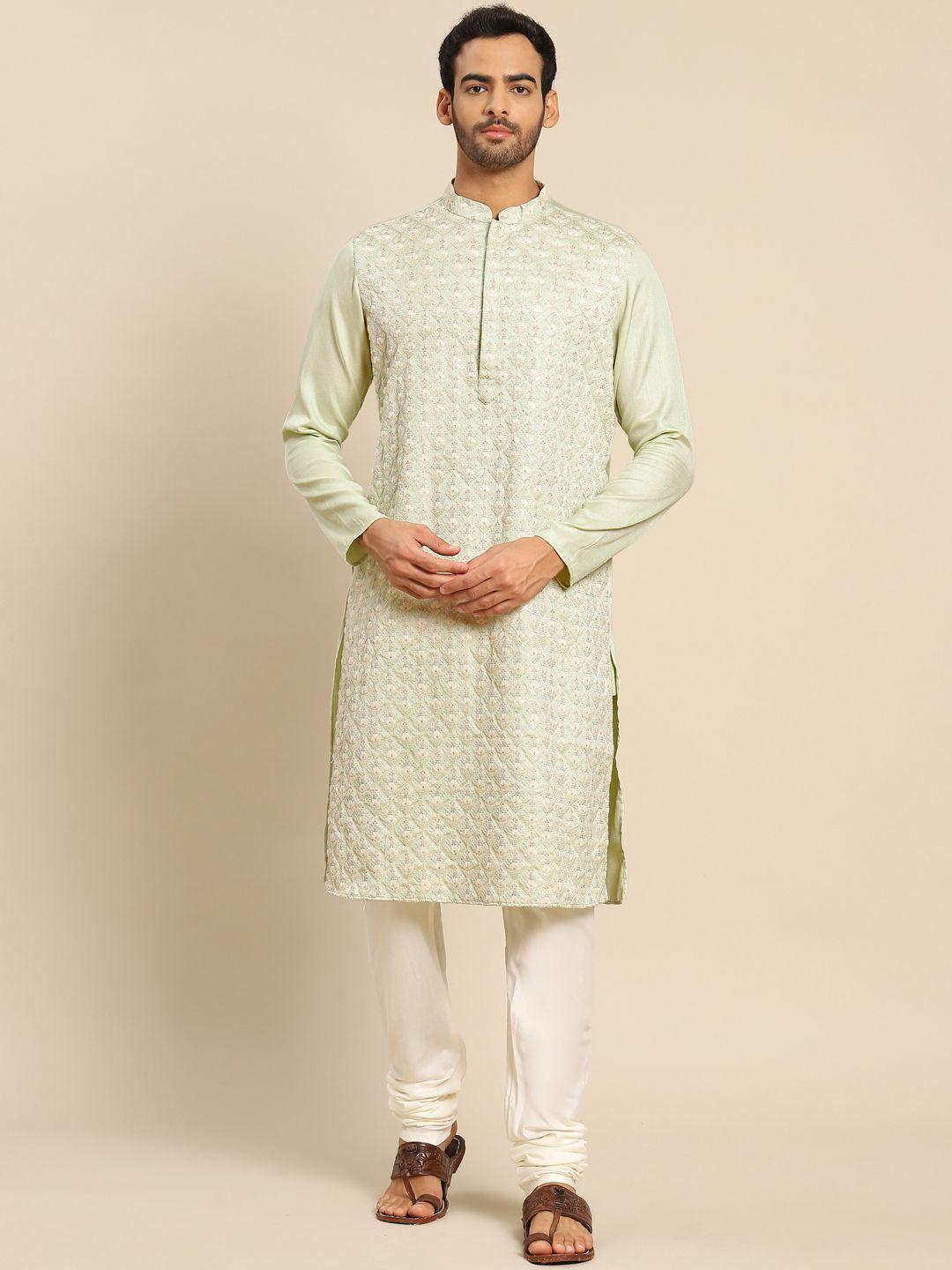 kisah men green ethnic embroidered sequinned kurta with churidar