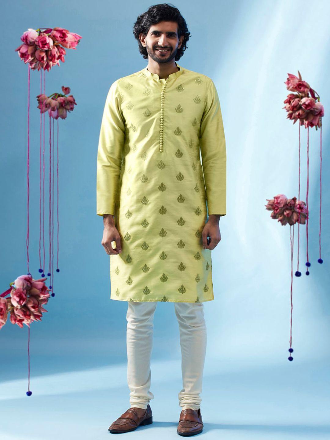 kisah men green ethnic motifs embroidered regular thread work kurta with churidar