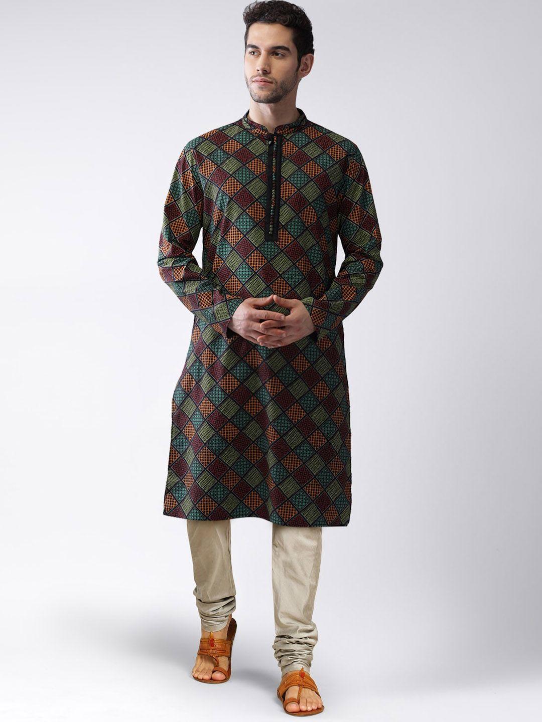 kisah men green ethnic motifs printed kurta with churidar