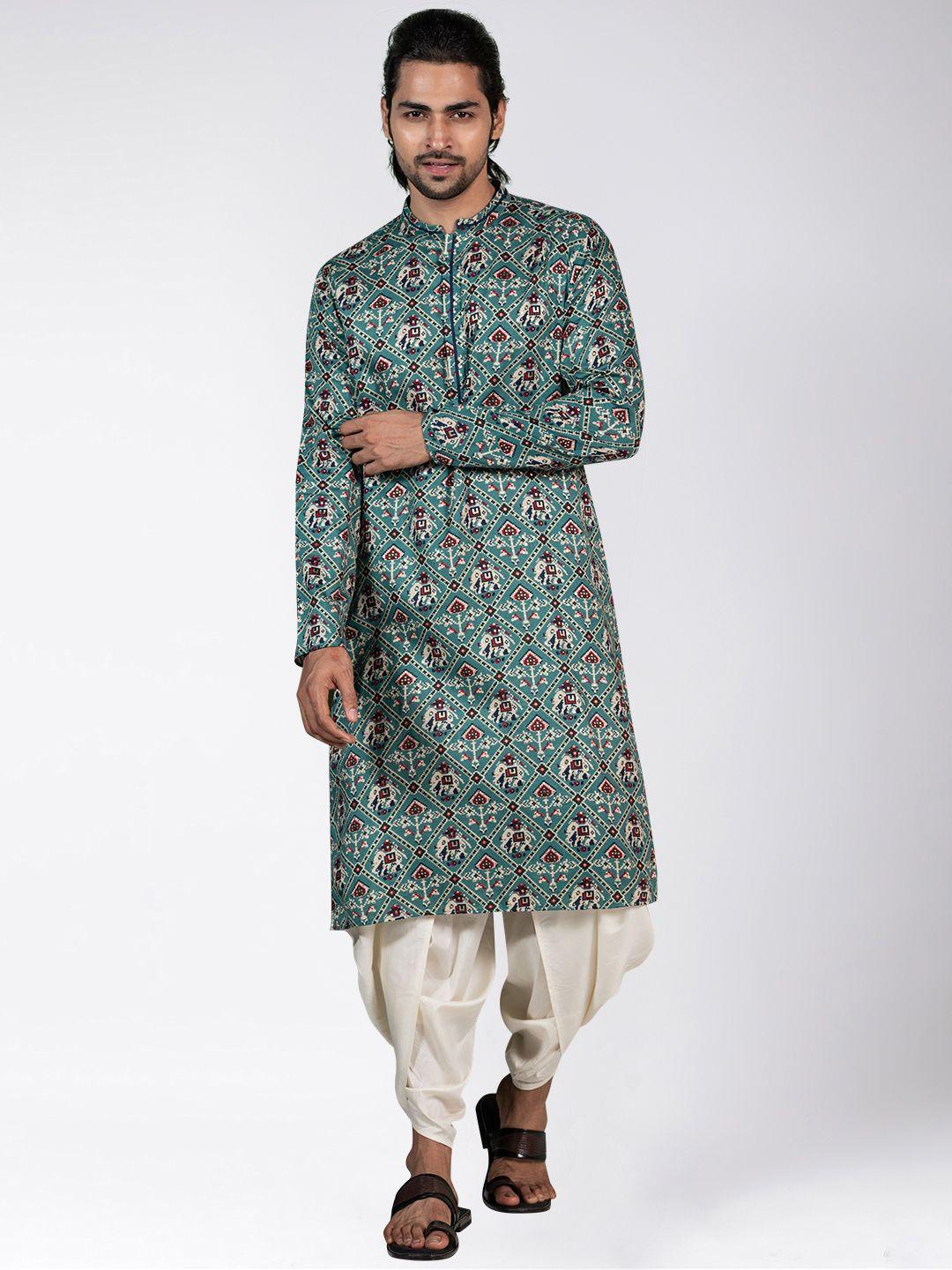 kisah men green ethnic motifs printed kurta