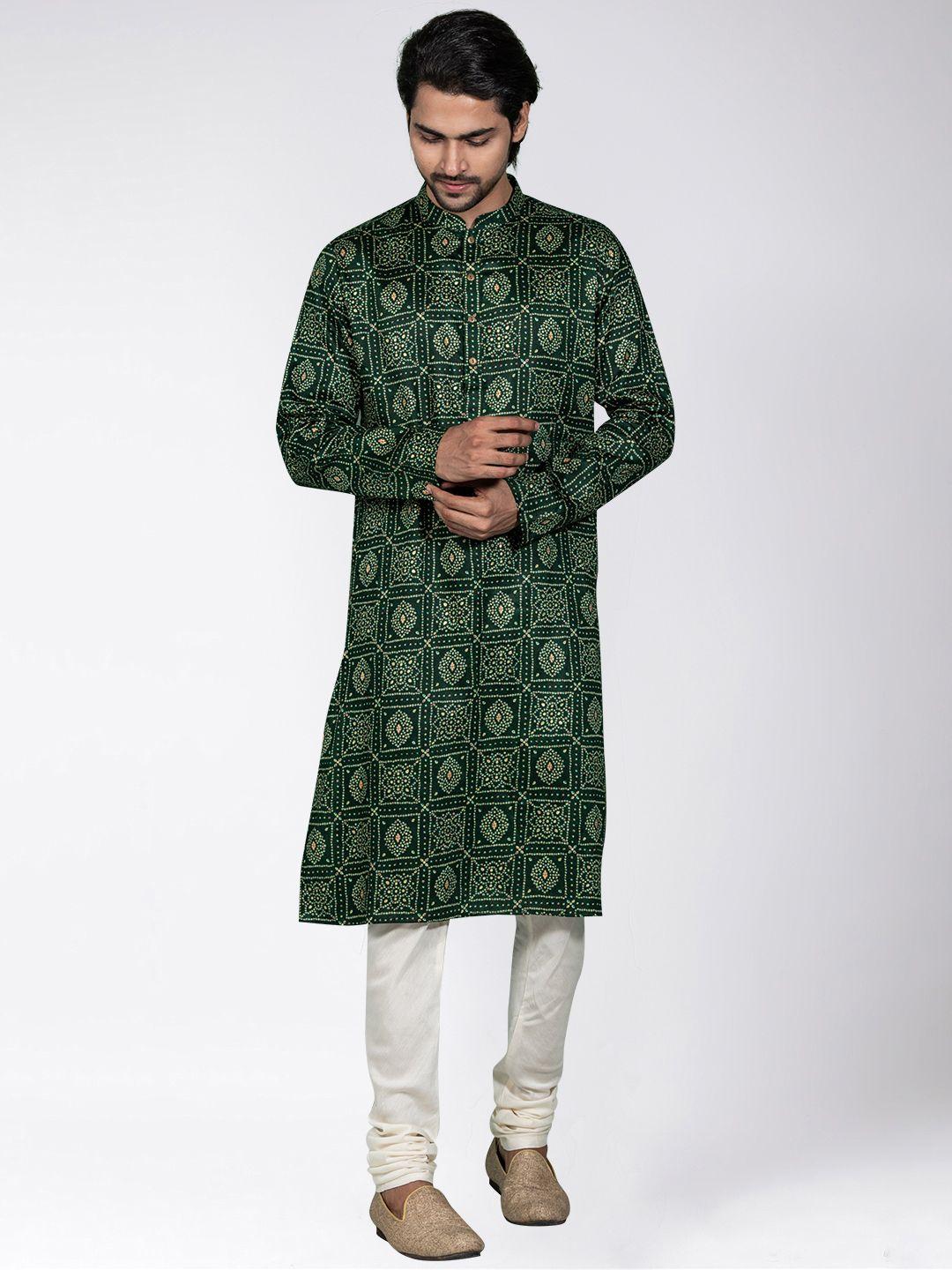 kisah men green ethnic motifs printed kurta