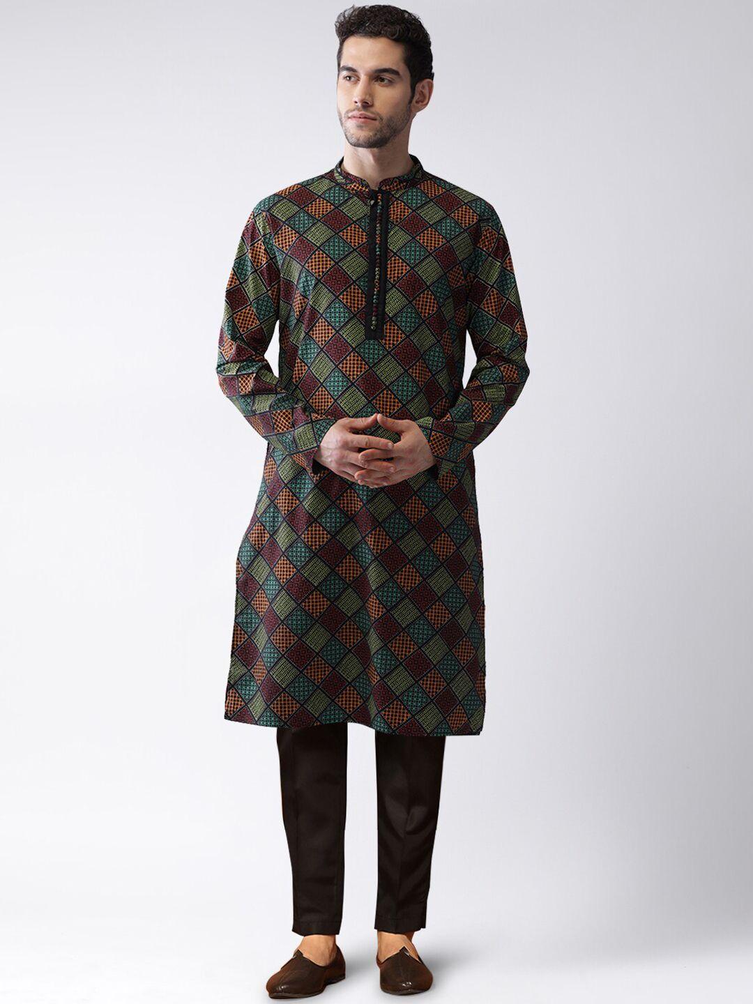 kisah men green ethnic motifs printed regular kurta with trousers