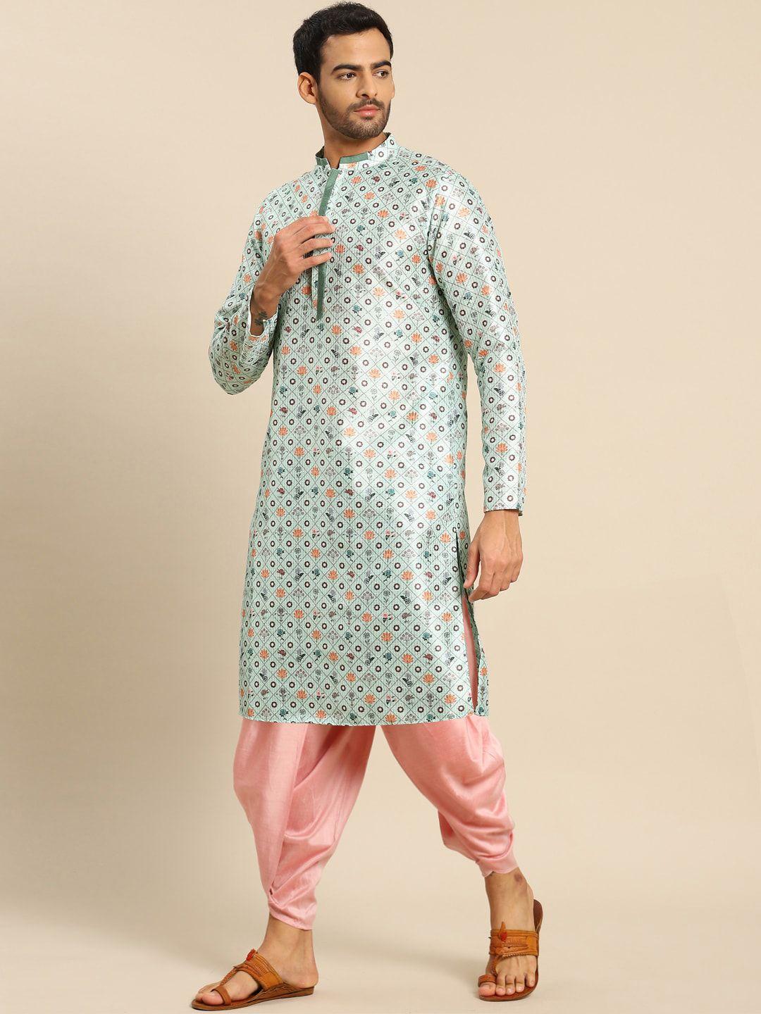 kisah men green floral printed kurta with dhoti pants