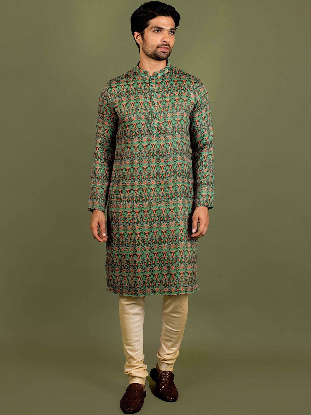 kisah men green geometric embroidered sequinned kurta