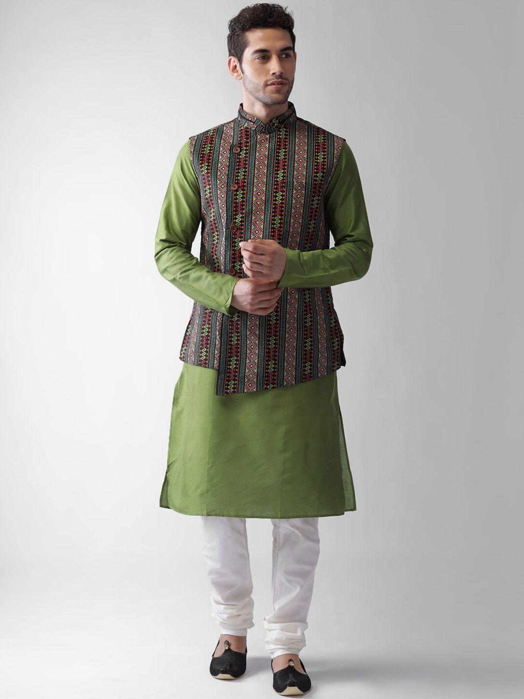 kisah men green regular kurta pyjamas with jacket