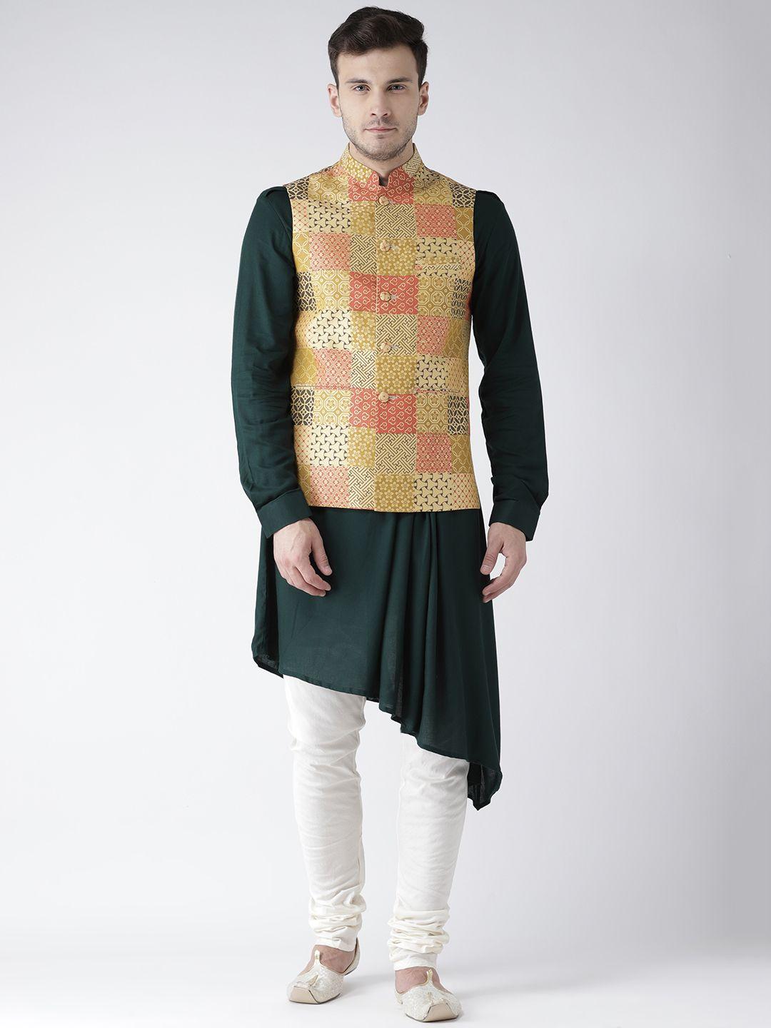 kisah men green solid churidar kurta with nehru jacket