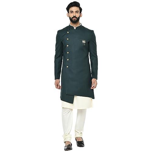 kisah men green solid cotton kurta indo western sherwani set, full sleaves, knee length, straight, regular fit, mandarin collar ethnic wear, 52