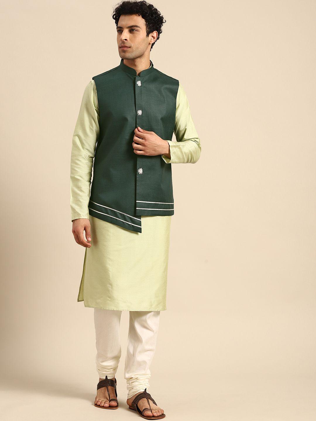 kisah men green solid gotta patti kurta jacket set with churidar