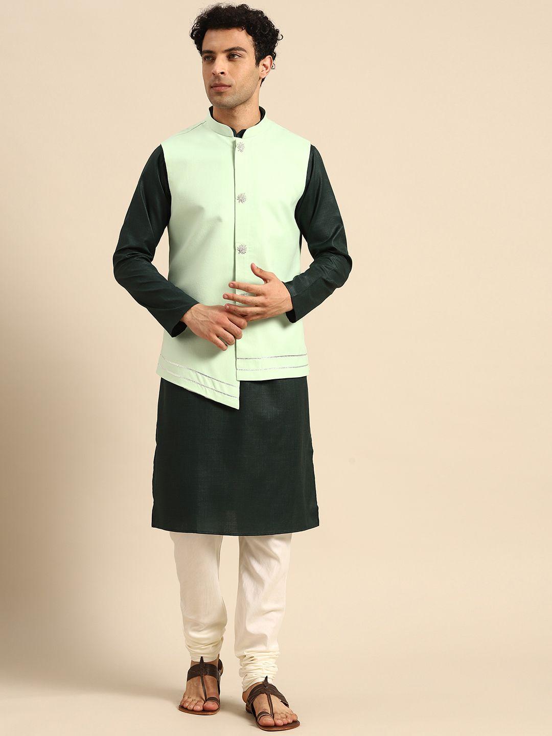 kisah men green solid gotta patti kurta jacket set with churidar