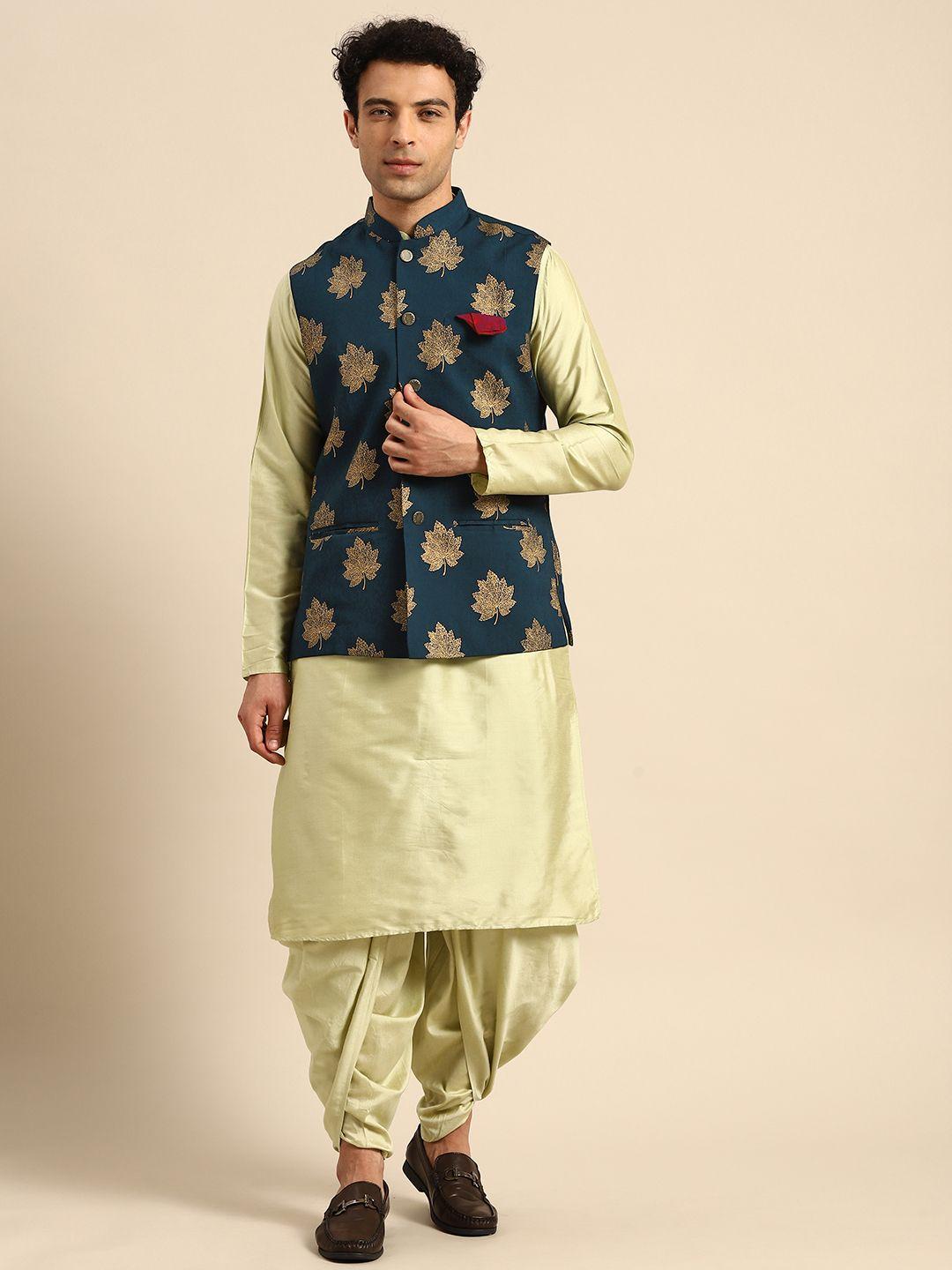 kisah men green solid kurta with dhoti pants & nehru jacket