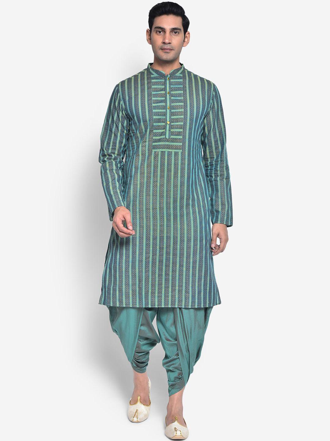 kisah men green striped knee length a-line kurta