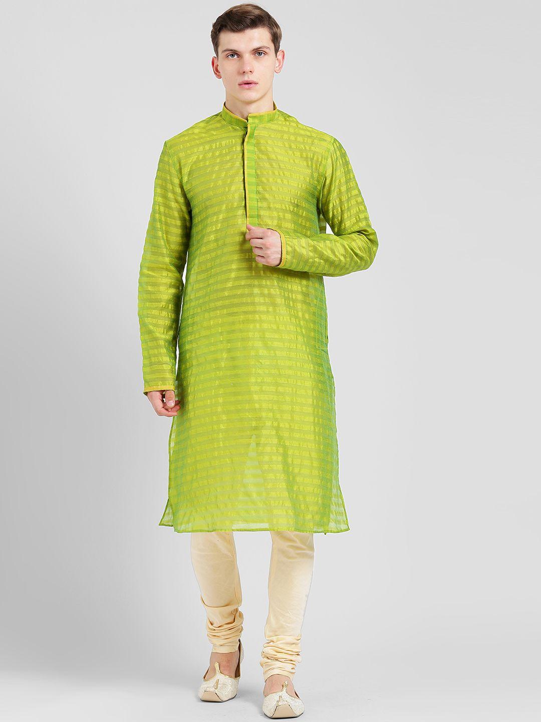 kisah men green striped straight kurta