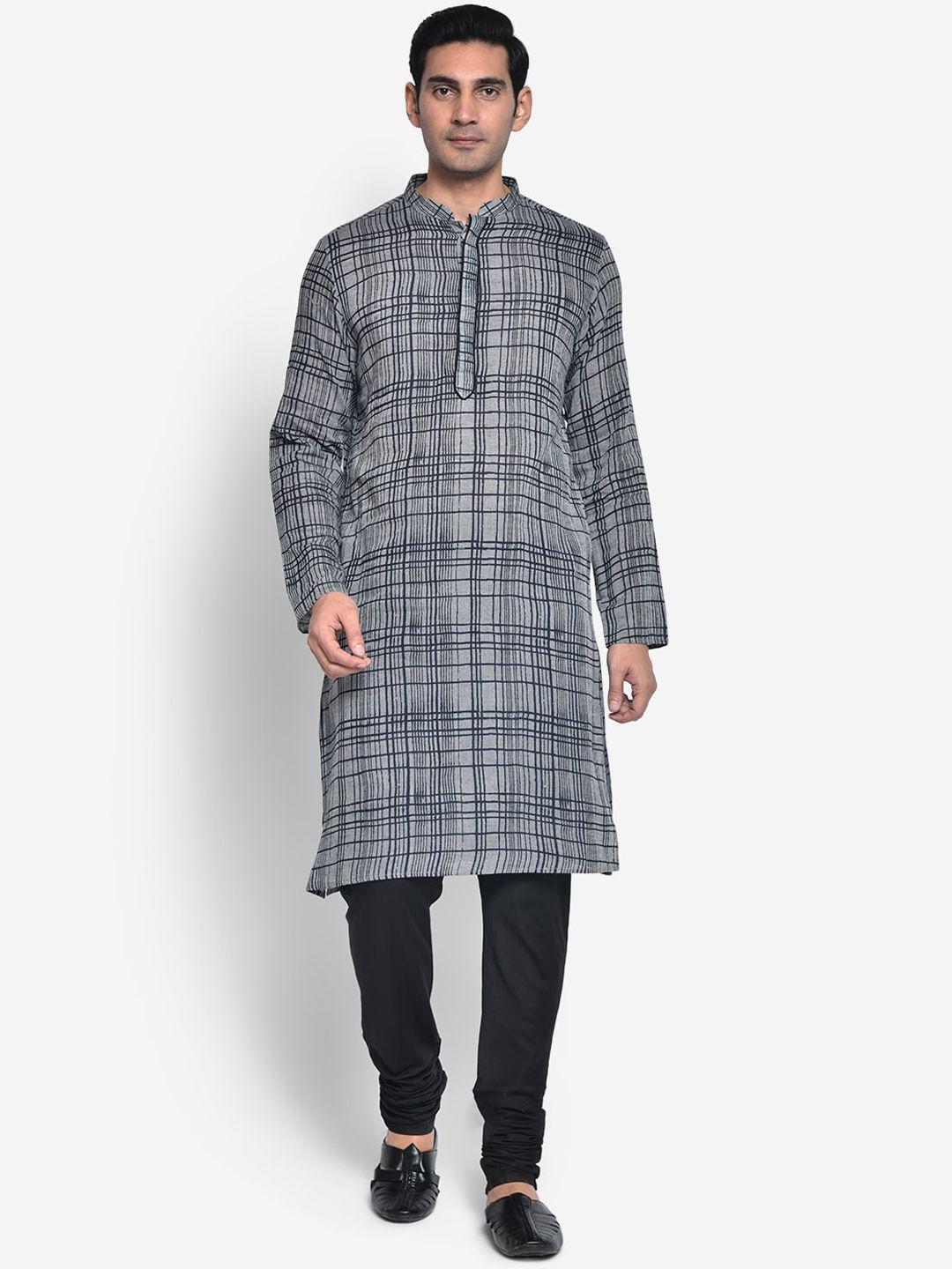 kisah men grey & black checked cotton kurta