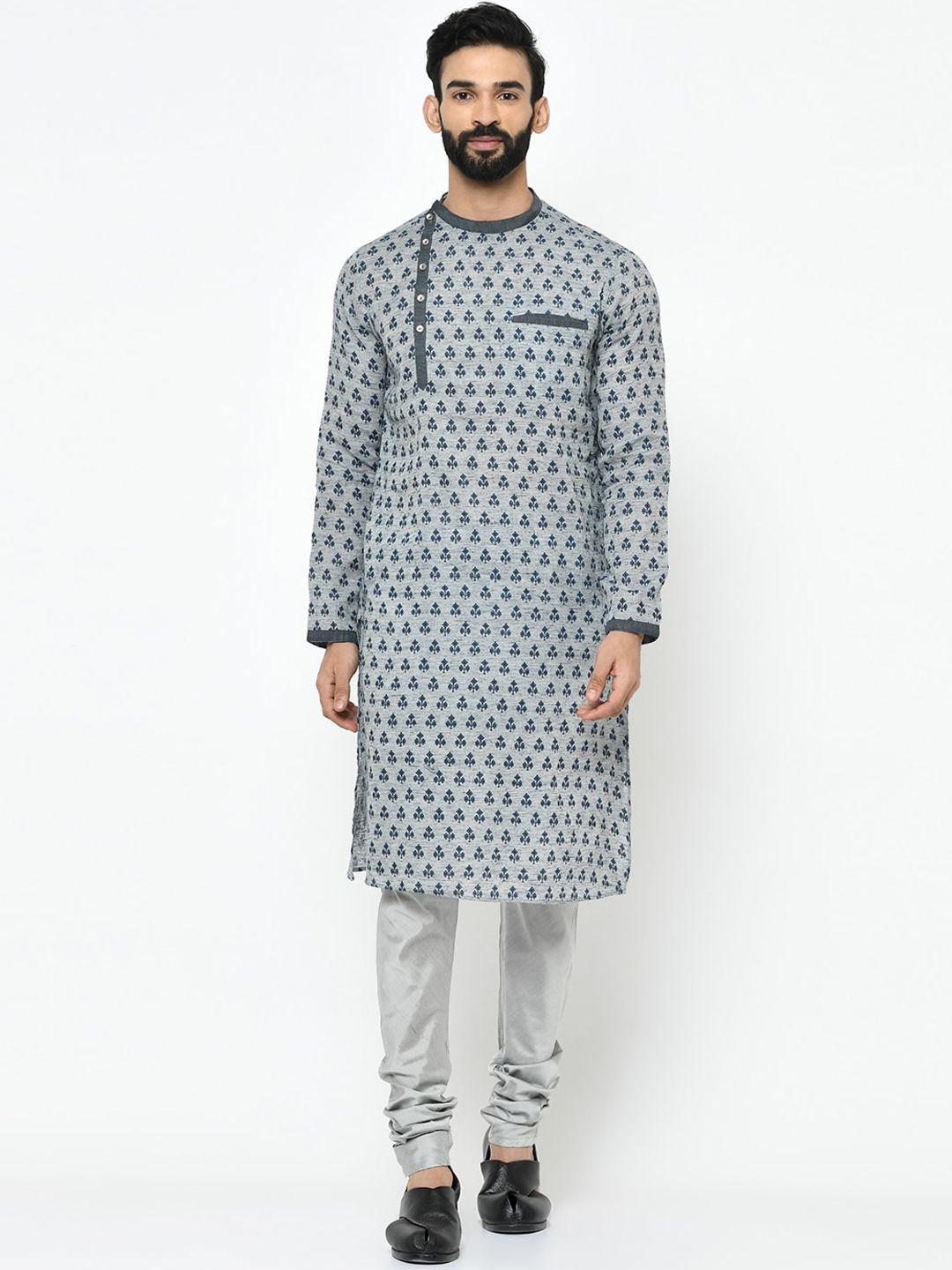 kisah men grey & blue woven design a-line kurta