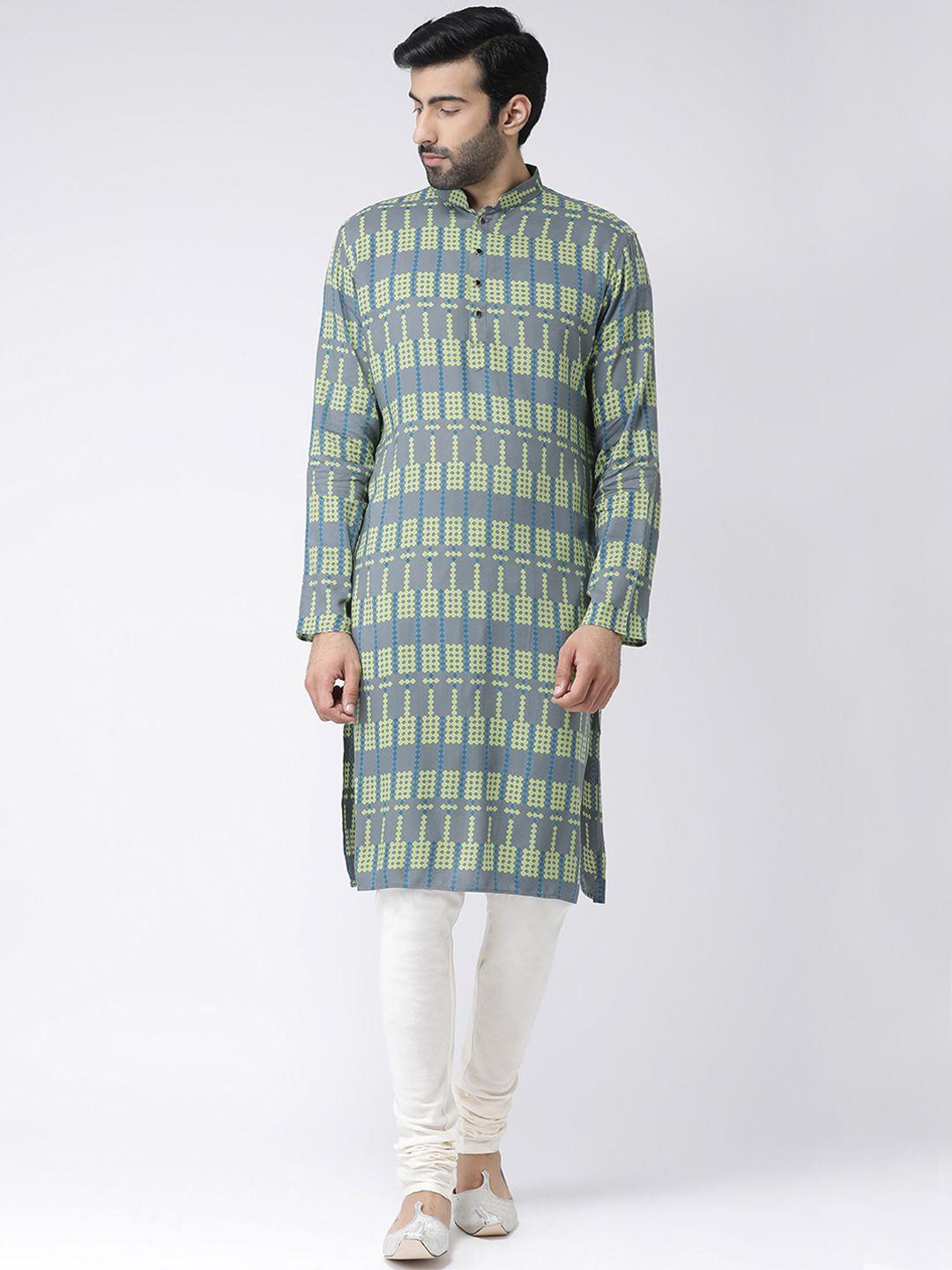 kisah men grey & green printed straight kurta