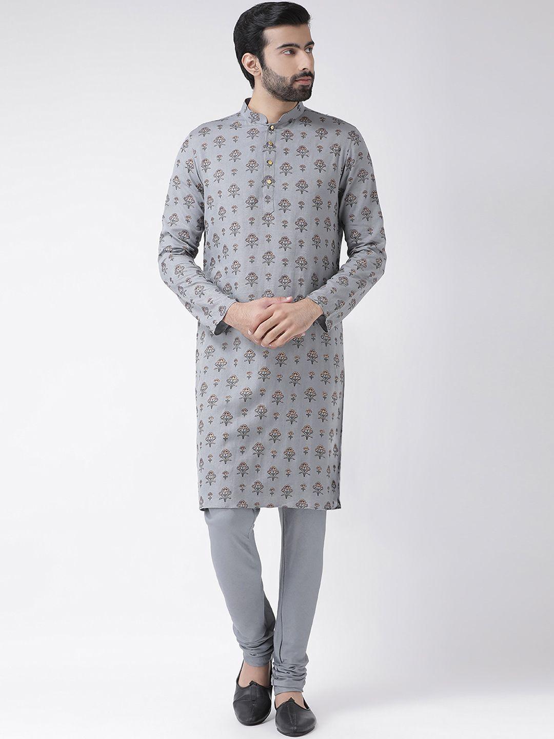 kisah men grey & navy blue printed straight kurta