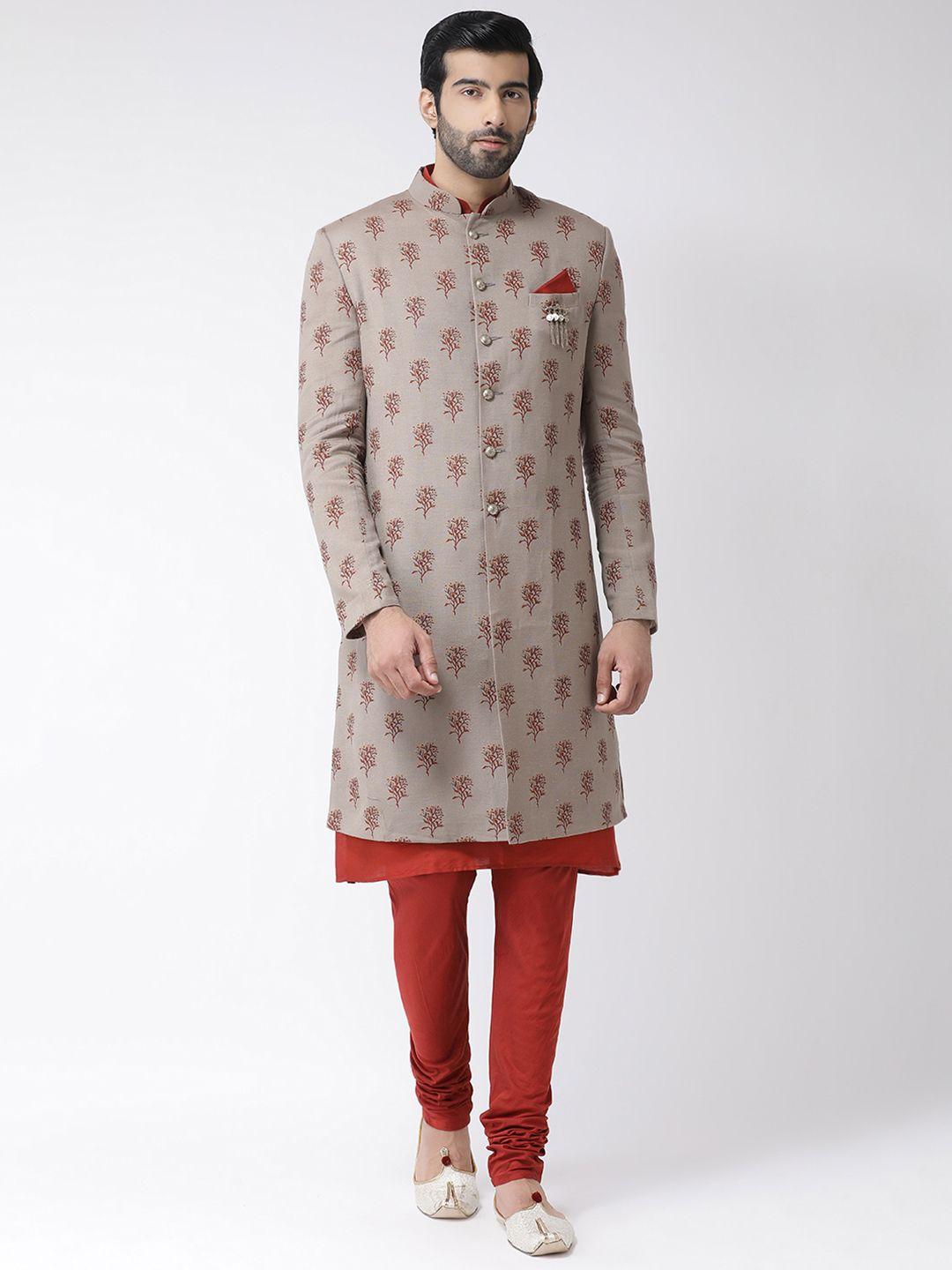 kisah men grey & red printed sherwani set