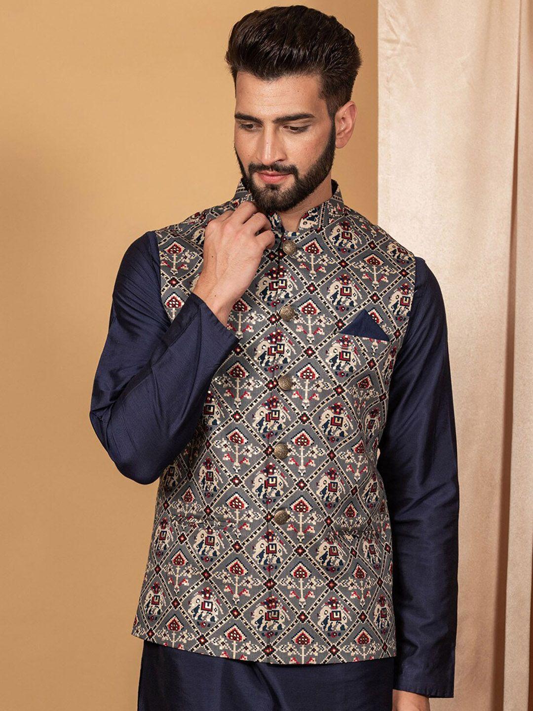 kisah men grey printed woven nehru jacket