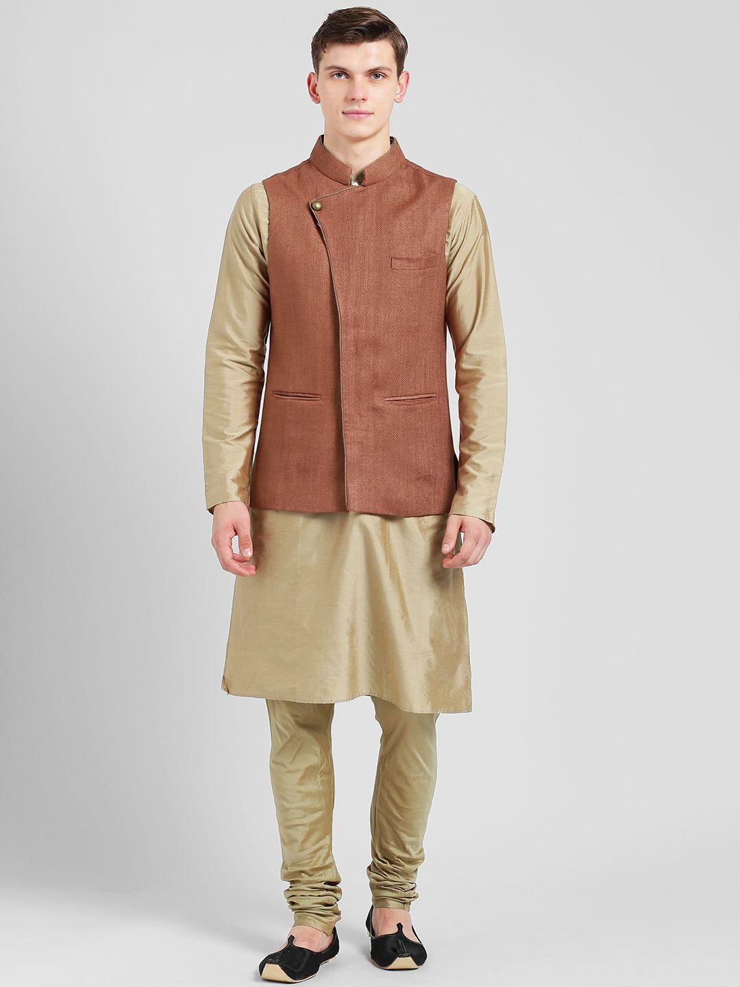 kisah men khaki & rust red solid kurta with churidar & nehru jacket
